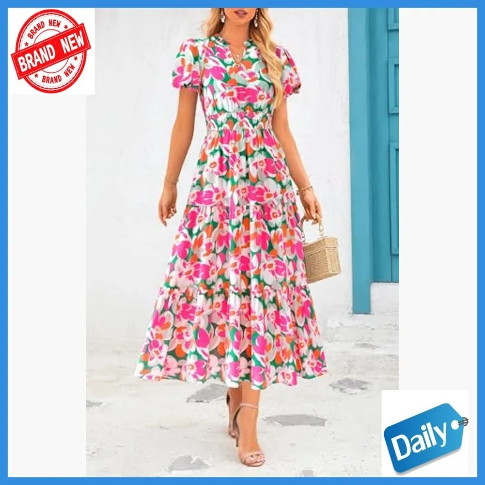 Maxi Dress with Puff Sleeves Smocked Waist Flowy A-Line V-Neck Casual